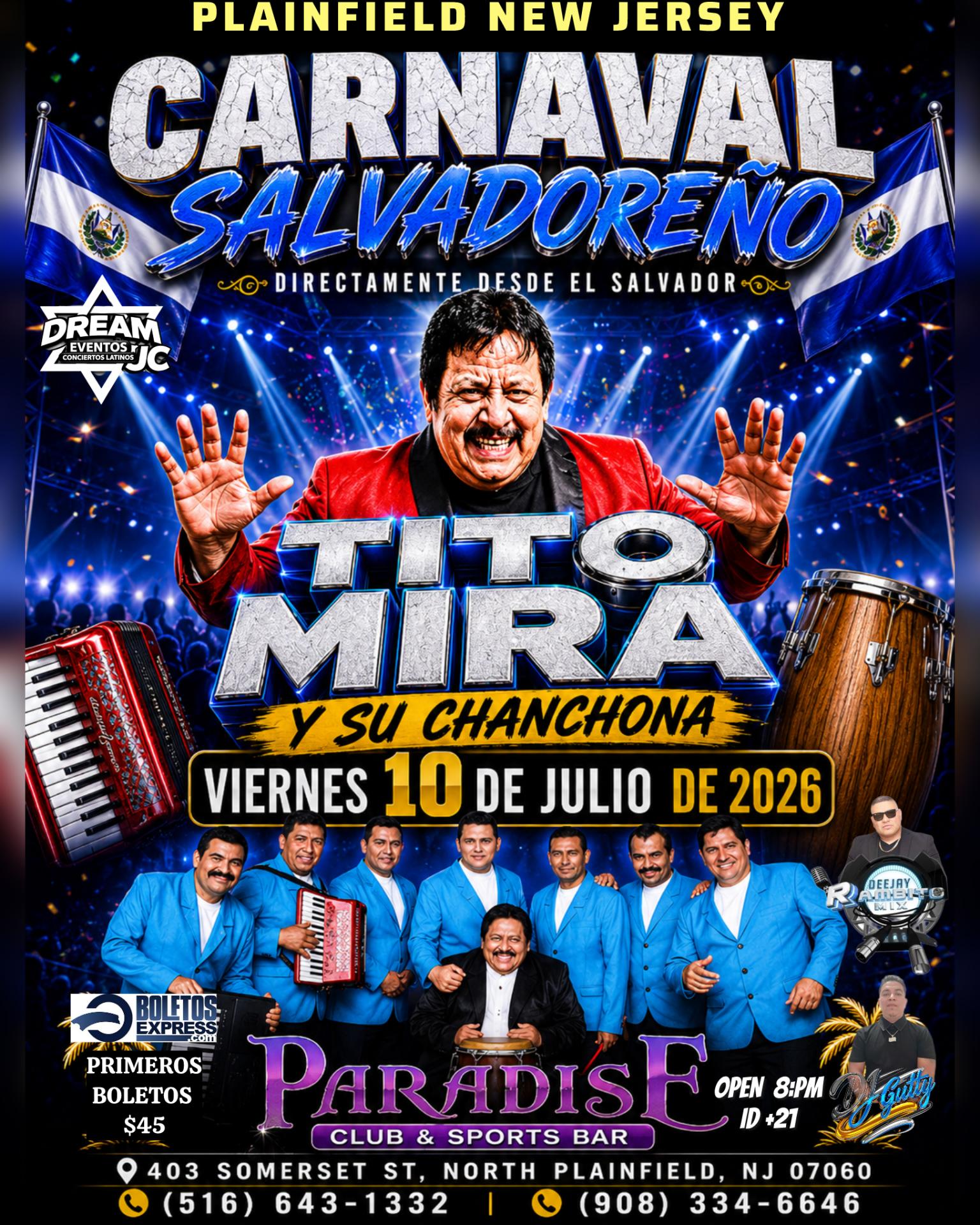 Viernes 10 Julio  / Tito mira y su Chanchona Arcadio / Plainfield NJ